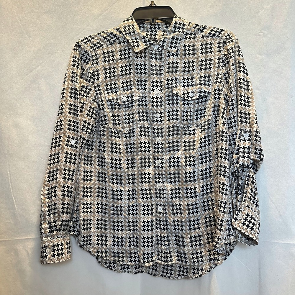 Talbots Petites Silk Geo Print Button Down Top Size 6P Blk/Tan Old Money Office